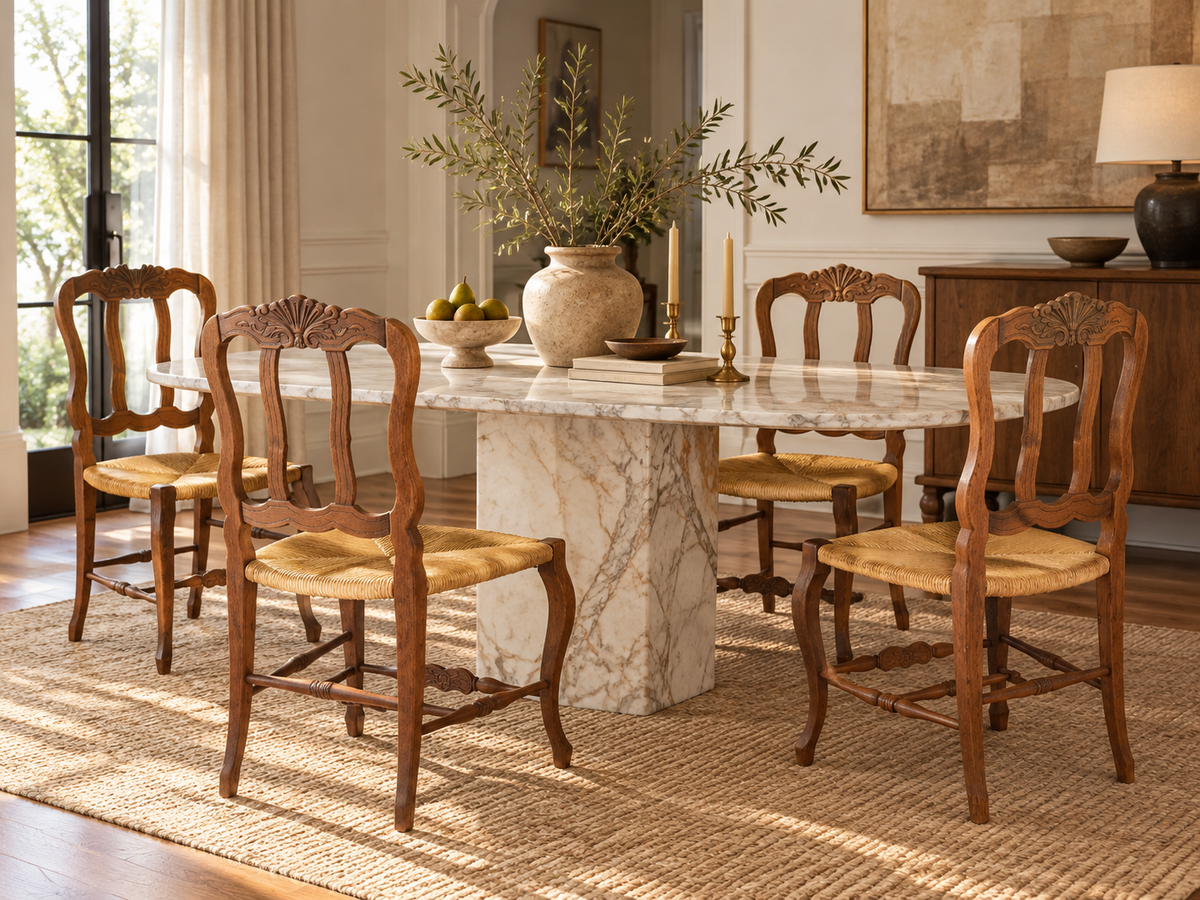 Vintage Country French Louis XV Style Rush Seat Dining Chairs — Set of 5