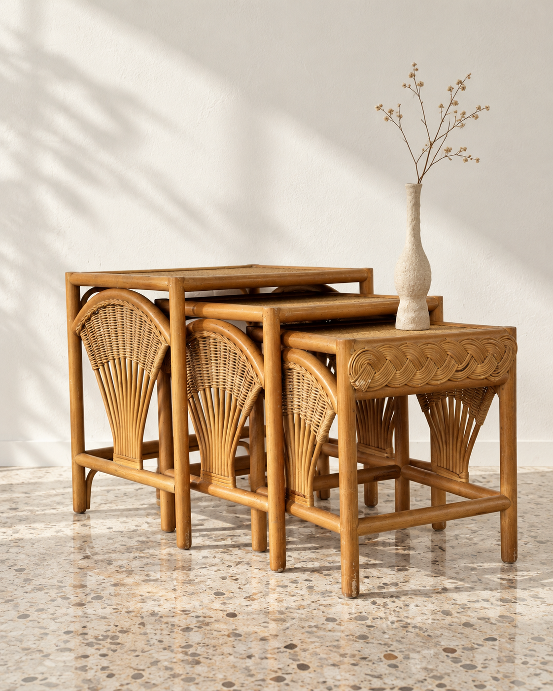 1970s Vintage Rattan & Wicker Nesting Tables — Set of 3