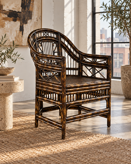 Vintage Maitland-Smith Brighton Pavilion Faux Tortoiseshell Bamboo Armchair