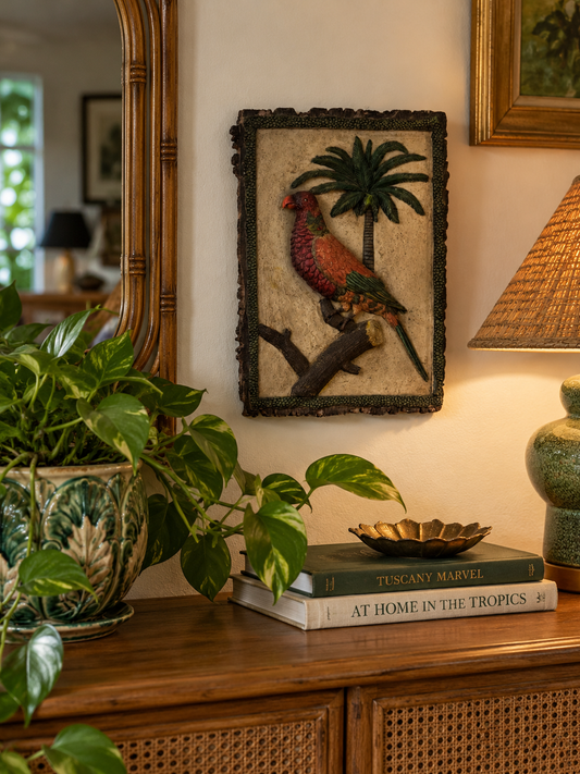 Vintage Tropical Parrot & Palm Tree Dimensional Wall Plaque — Hand-Painted Relief