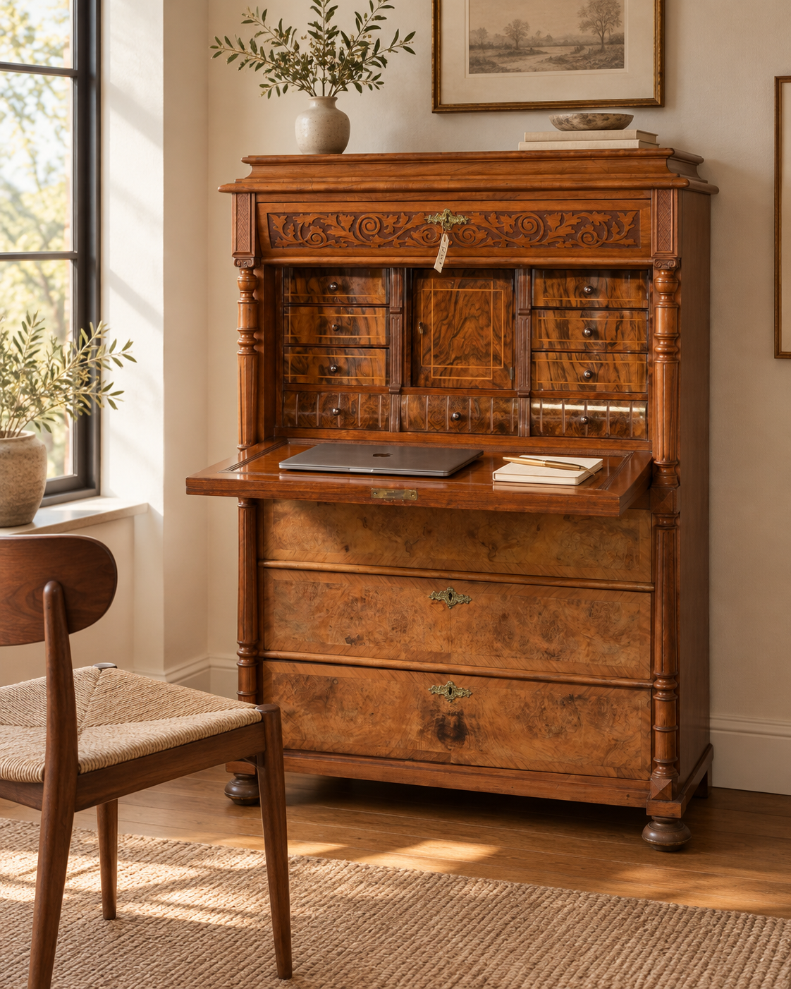 Vintage Swedish Walnut Secretary Chiffonier — c. 1930s
