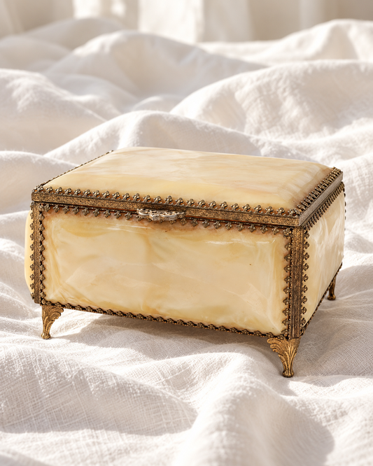 Vintage Gilt Metal-Mounted Acrylic Jewelry Box — Hollywood Regency Vanity Décor