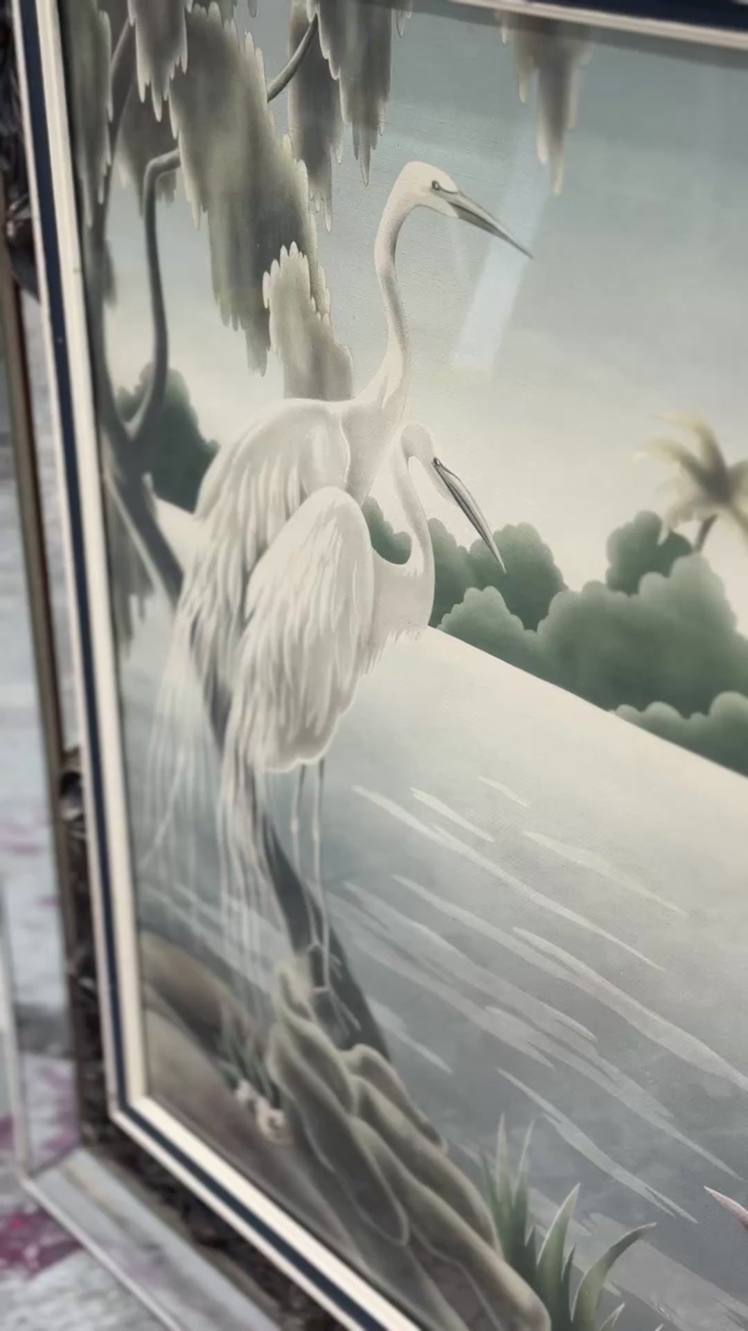 White egrets in a misty lakeside landscape by Turner Manufacturing