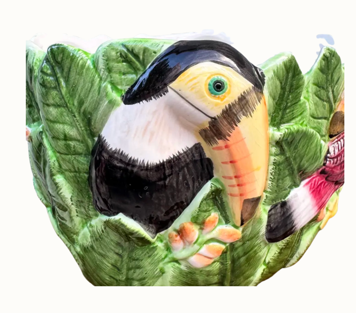closeup view of vintage toucan leaf-form bowl